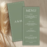 Modern sage green minimalist wedding meny<br><div class="desc">Modern and simple wedding menu in sage green. Clean and easy-to-read design that matches a minimalist modern wedding theme. Includes course description - starter,  main course,  desert and drinks information which is easy to edit and personalize.</div>