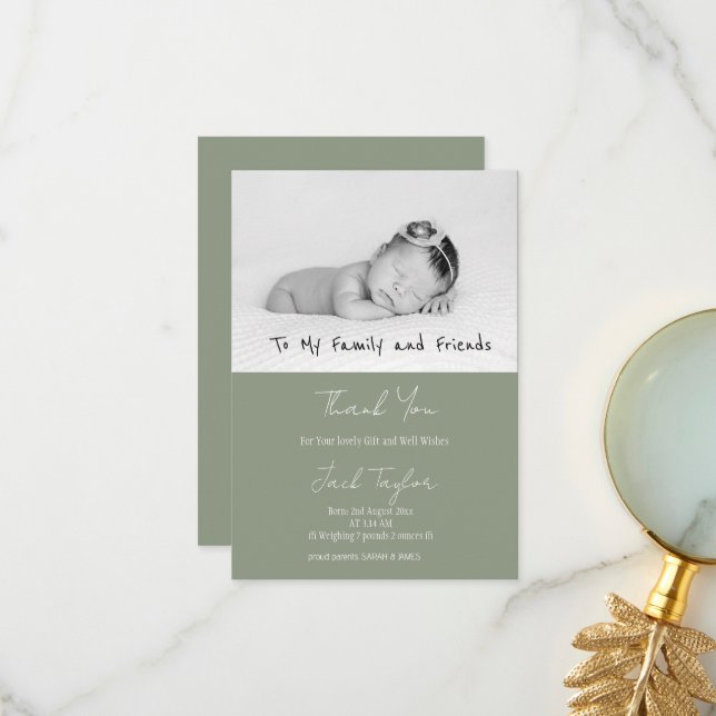 Modern Sage Green Photo Handwriting Baby Birth   Tack Kort (Fram/Back In Situ)
