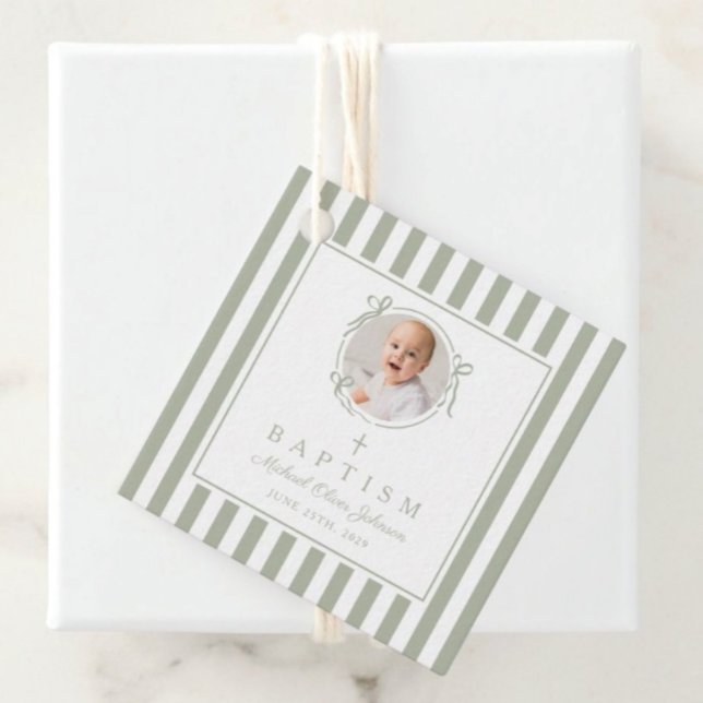 Modern Sage Green Photo Thank You Baptism Gåvor Etiketter (Modern Sage Green Photo Thank You Baptism Favor Tags )