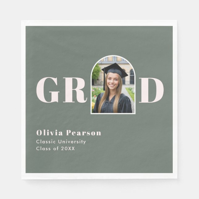 Modern Sage Green Pink Arch Photo Graduation Pappersservett (Framsidan)