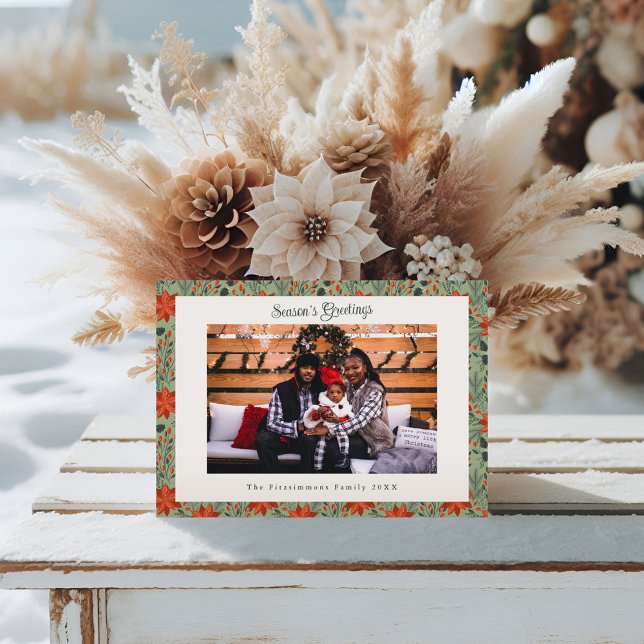Modern Sage Green Poinsettia Photo Christmas Julkort (Poinsettia Season Christmas Card sage green)