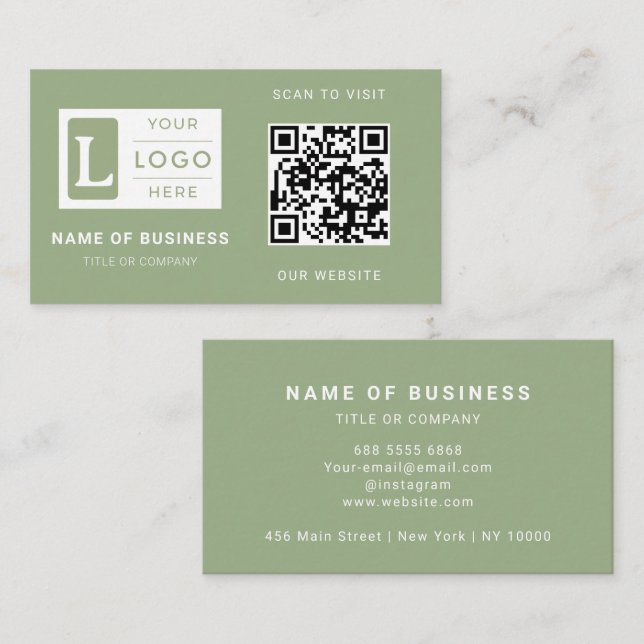 Modern Sage Green QR Code Minimalist Custom Logo Visitkort (Fram/baksida)