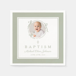 Modern Sage Green Religious Cross Boy Baptism Pappersservett