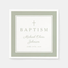 Modern Sage Green Religious Cross Boy Baptism Pappersservett