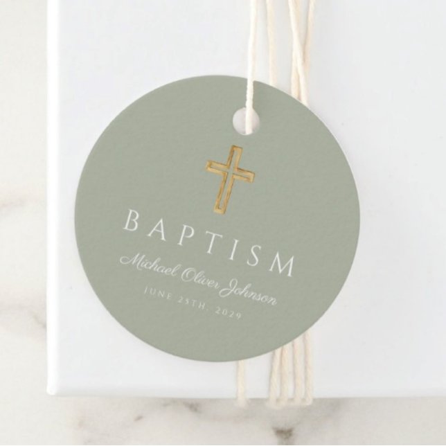 Modern Sage Green Religious Cross Script Baptism  Gåvor Etiketter (Modern Sage Green Religious Cross Script Baptism Favor Tags)