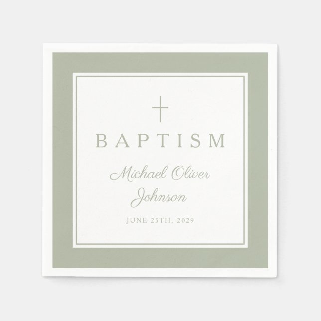Modern Sage Green Religius Cross Boy Baptism Pappersservett (Framsidan)