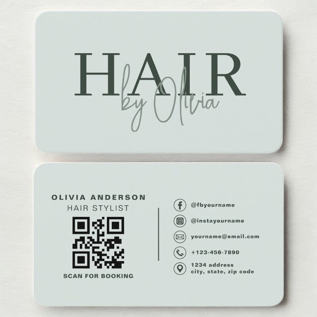 Modern Sage Green Salon Hairstylist QR Code Visitkort (Skapare uppladdad)