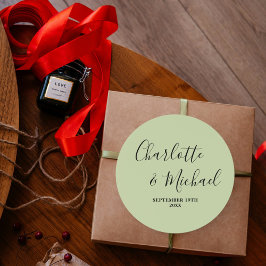 Modern Sage Green Script Minimalist Wedding Runt Klistermärke