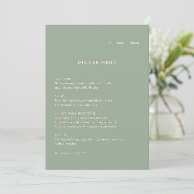 Modern Sage Green Simple Wedding Meny (Stående Fram)