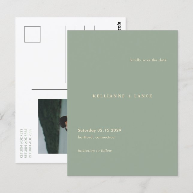 Modern Sage Green Simple Wedding Save the Date Vykort (Fram/baksida)