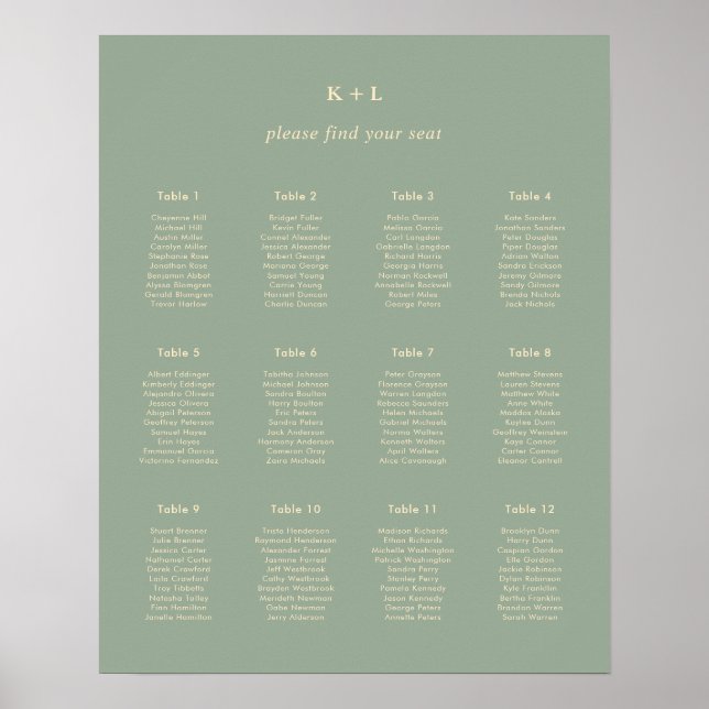 Modern Sage Green Simple Wedding Seating Chart Poster (Framsidan)