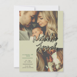 Modern Sage Green Unique Script Birth Announcement Meddelande