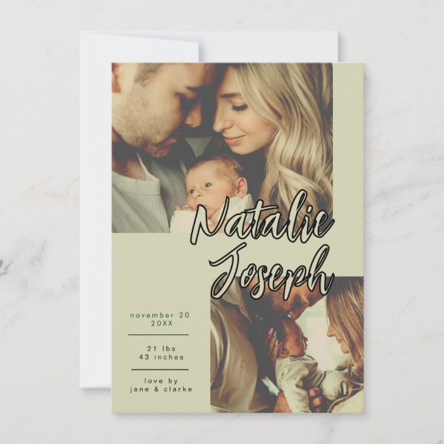 Modern Sage Green Unique Script Birth Announcement Meddelande (Framsida)