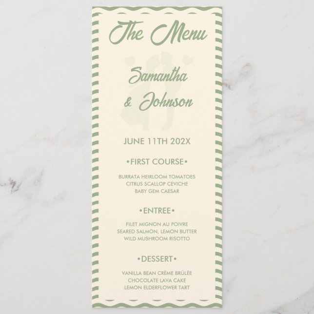 Modern Sage Green Wavy Stripe Wedding Menu Card Meny (Framsida)