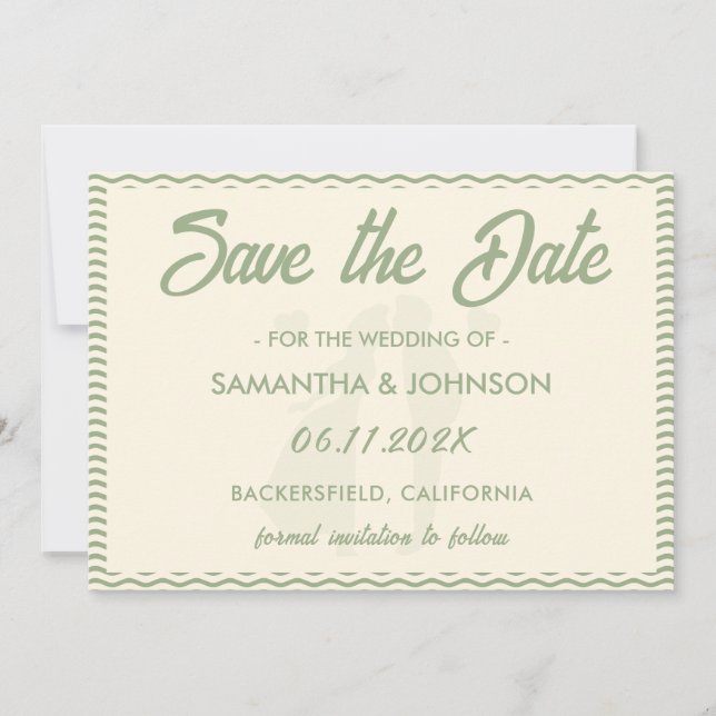 Modern Sage Green Wavy Stripe Wedding Spara Datumet (Framsida)