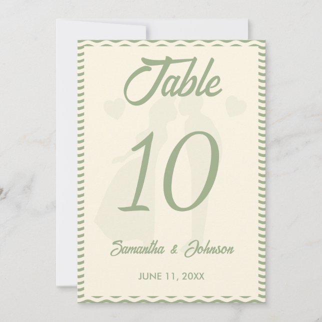Modern Sage Green Wavy Stripe Wedding Table Number Inbjudningar (Framsida)