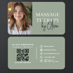 Modern Sage Green Wellness Spa Therapist Visitkort<br><div class="desc">Create a calming, professional first impression with this sage green massage therapist business card featuring space for your photo and a scannable QR code for easy online booking. The soft sage palette evokes wellness, relaxation, and trust—perfect for massage therapists, bodyworkers, estheticians, and holistic wellness providers. Clean typography keeps your name,...</div>