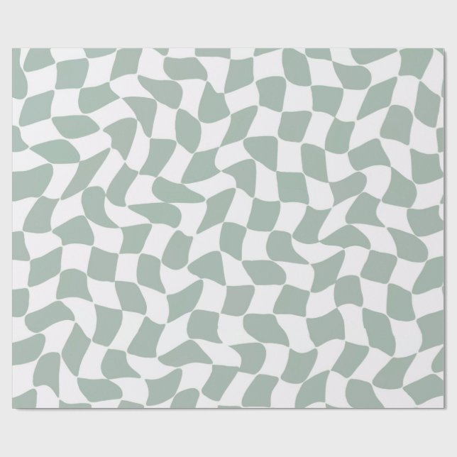 Modern Sage Green & White Wavy Checkerboard Presentpapper (Platt)
