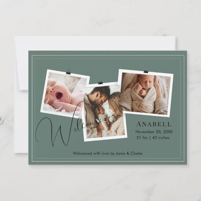 Modern Sage Green Zigzag 3 Photo Collage Birth  Meddelande (Framsida)
