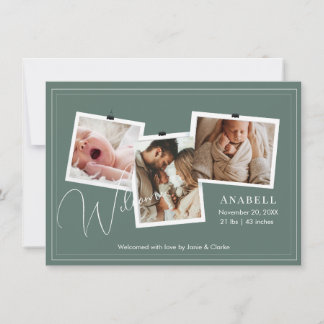 Modern Sage Green Zigzag 3 Photo Collage Birth Meddelande