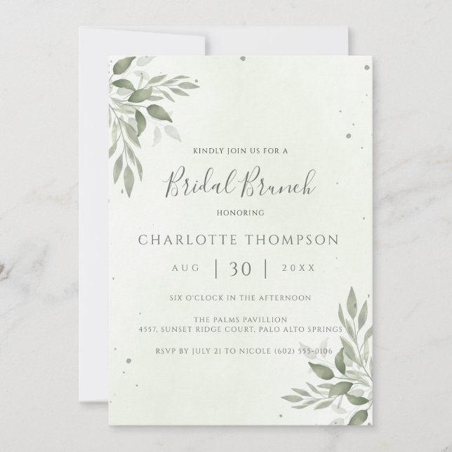 Modern Sage Greenery Chic Bridal Brunch Invite Spara Datumet (Framsida)