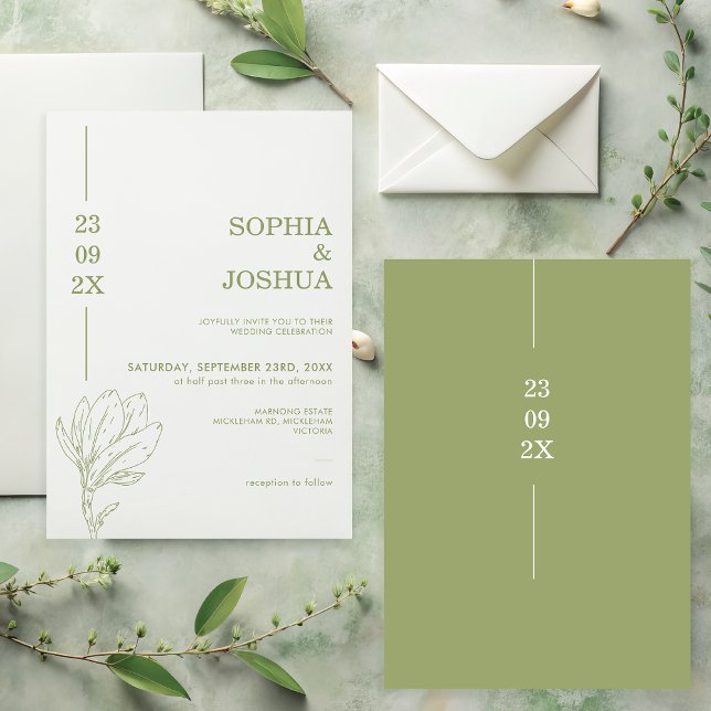 Modern Sage Grön Datum Rad Blommig Bröllop  Inbjudningar (Modern Line Floral Sage Wedding Invitation, Sage Green Wedding Invitation, Sage Wedding Invite)