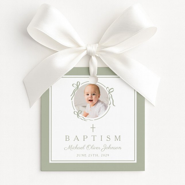 Modern Sage Grön Dop Foto Gåvor Etiketter (Modern Sage Green Baptism Photo Favor Tags)