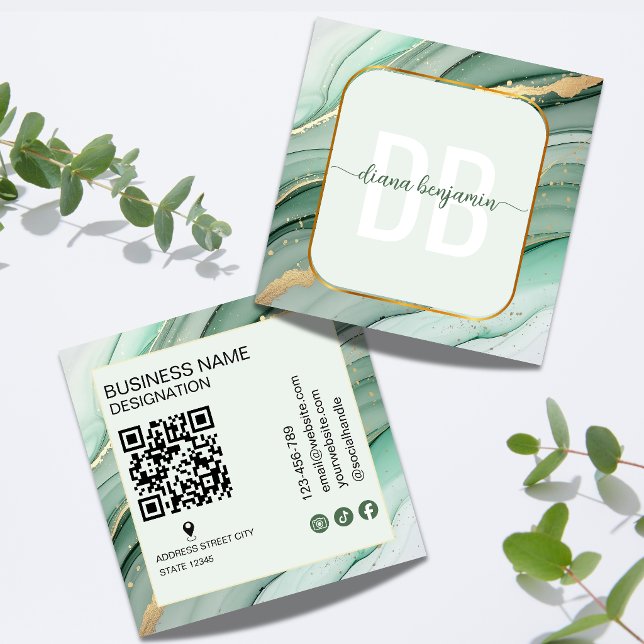 Modern Sage Grön Guld monogram Qr-kod Fyrkantigt Visitkort (Skapare uppladdad)