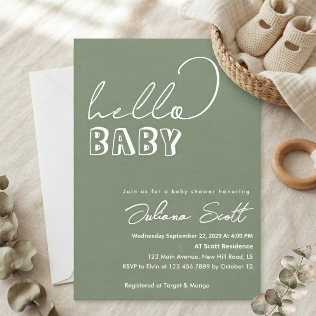 Modern Sage Grön Hello Baby Baby Shower Inbjudningar (Skapare uppladdad)