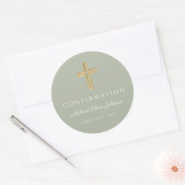 Modern Sage Grön Religiös Kors Pojke Konfirmation Runt Klistermärke