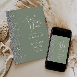 Modern Sage Grön Silver Glitter Spara Datum Meddelande