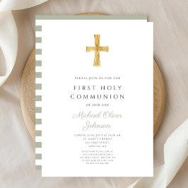 Modern Sage Gröna Ränder Kors Första Kommunion Inbjudningar