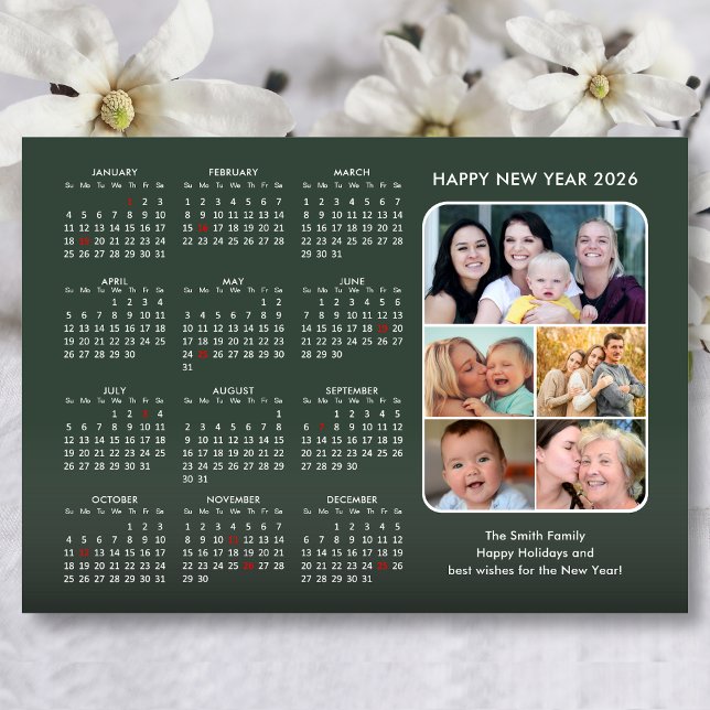 Modern Sage Grönt 2026 Calendar Minimalist 5 Photo Julkort (Skapare uppladdad)