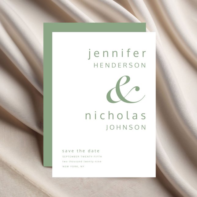 Modern Sage Grönt Ampersand Typography Bröllop Spara Datumet (Modern Sage Green Ampersand Typography Wedding Save The Date)