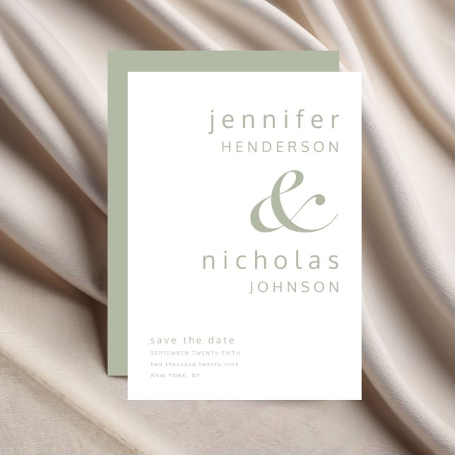 Modern Sage Grönt Ampersand Typography Bröllop Spara Datumet (Modern Sage Green Ampersand Typography Wedding Save The Date)