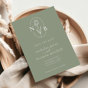 Modern Sage Grönt Bröllop Monogram Minimalist Spara Datumet