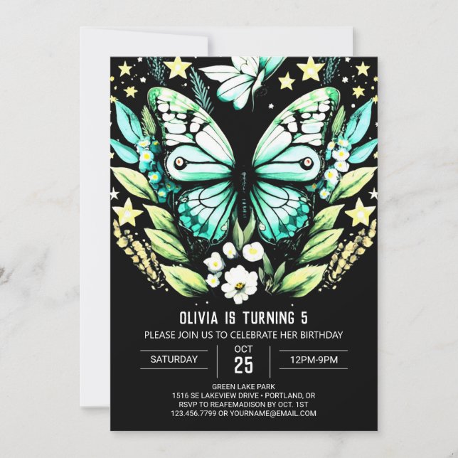 Modern Sage Grönt Butterfly Birthday Inbjudningar (Framsida)