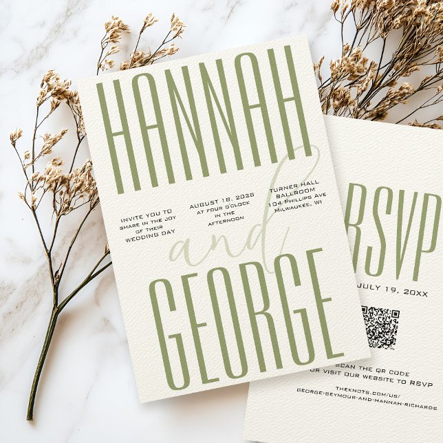 Modern Sage Grönt & Ecru Simple QR Code Bröllop Inbjudningar (Modern ecru textured wedding invitation, sage green bold typography with elegant script calligraphy )