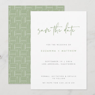 Modern Sage Grönt Geometric Mönster Script Bröllop Spara Datumet