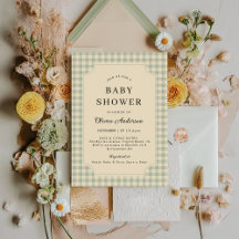 Modern Sage Grönt Gingham Baby Shower-inbjudan