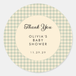 Modern Sage Grönt Gingham Baby Shower Tack Runt Klistermärke