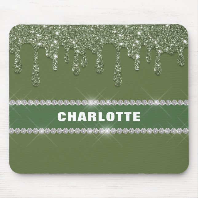 Modern Sage Grönt Glitter Drip Sparkling Diamond Musmatta (Framsidan)