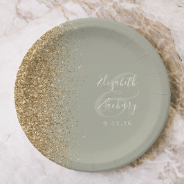 Modern Sage Grönt Guld Glitter Kant Bröllop