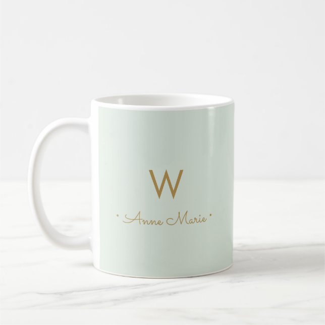 Modern Sage Grönt Guld-skript Monogram Kaffemugg (Vänster)