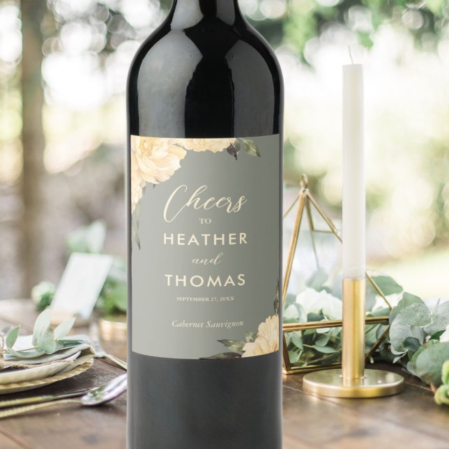 Modern Sage Grönt Gult Blommigt Bröllop Vinflaska Etikett (Skapare uppladdad)