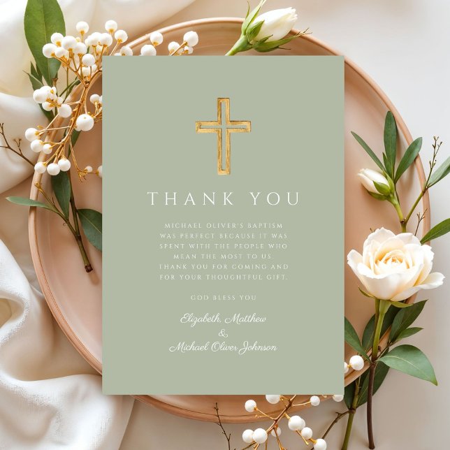 Modern Sage Grönt Kor Baptism Tack Kort (Modern Sage Green Cross Baptism Thank You Card)