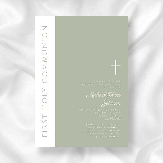 Modern Sage Grönt Kor First Heliga Communion Inbjudningar (Modern Sage Green Cross First Holy Communion Invitation)