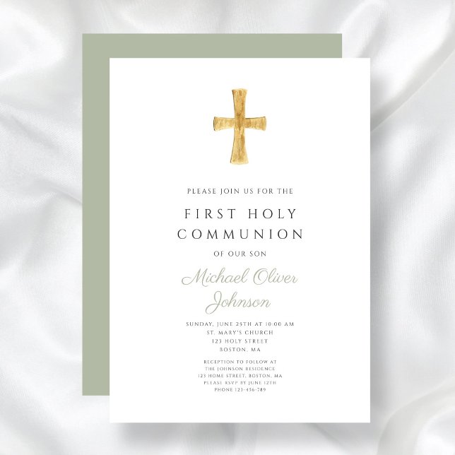 Modern Sage Grönt Kor Första kommissionen Inbjudningar (Modern Sage Green Cross First Communion Invitation)