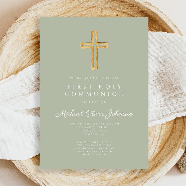 Modern Sage Grönt Kor Religiösa First Communion Inbjudningar (Modern Sage Green Cross Religious First Communion Invitation)