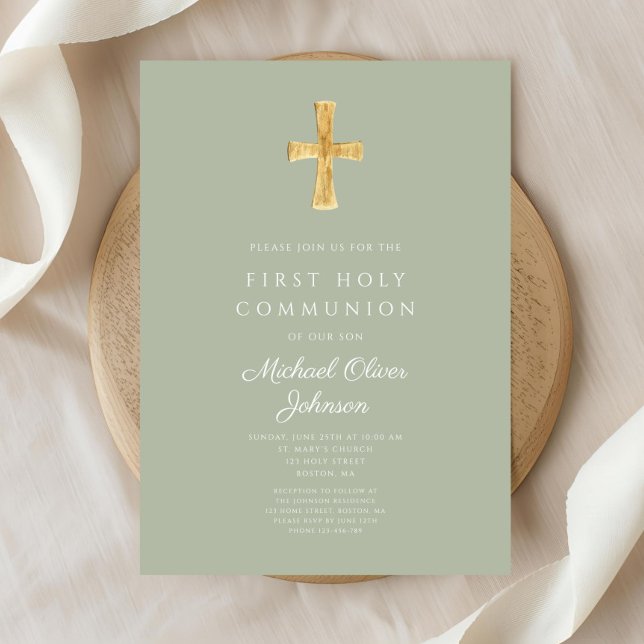 Modern Sage Grönt Kor Religiösa First Communion Inbjudningar (Modern Sage Green Cross Religious First Communion Invitation)